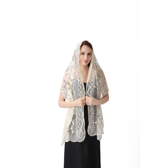 Women's Floral Lace Shawl - Soft Mesh Wedding Party Scarf With 8939 - Picture 4 of 7